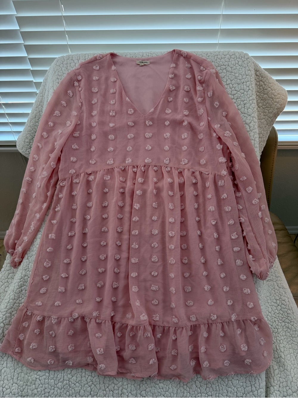 Jodifl Pink Textured Swiss Dot Long Sleeve Tiered Dress